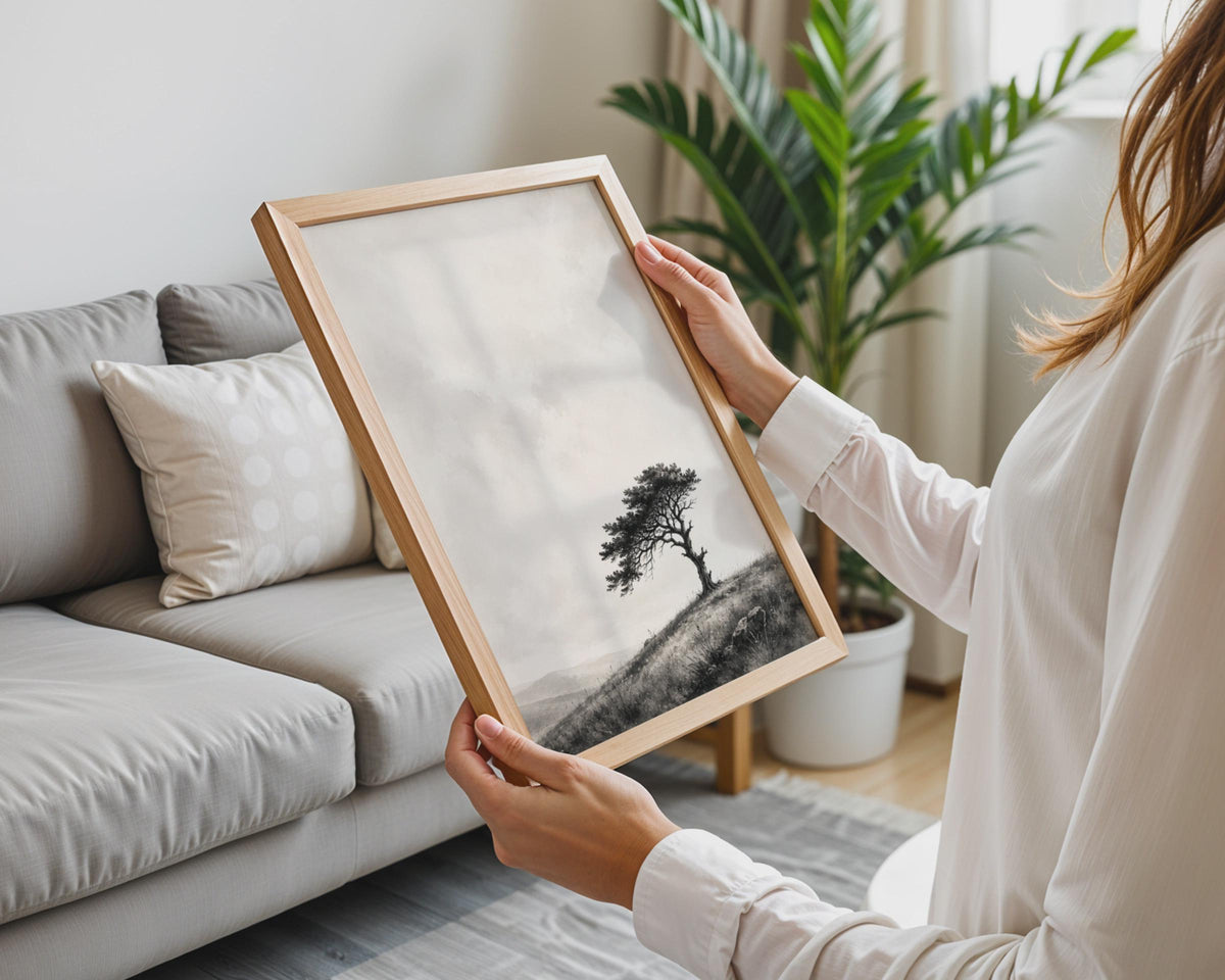 Windswept Tree Print, Minimalist Landscape Poster, Black Grey Nature Art (Ink Watercolour Style)