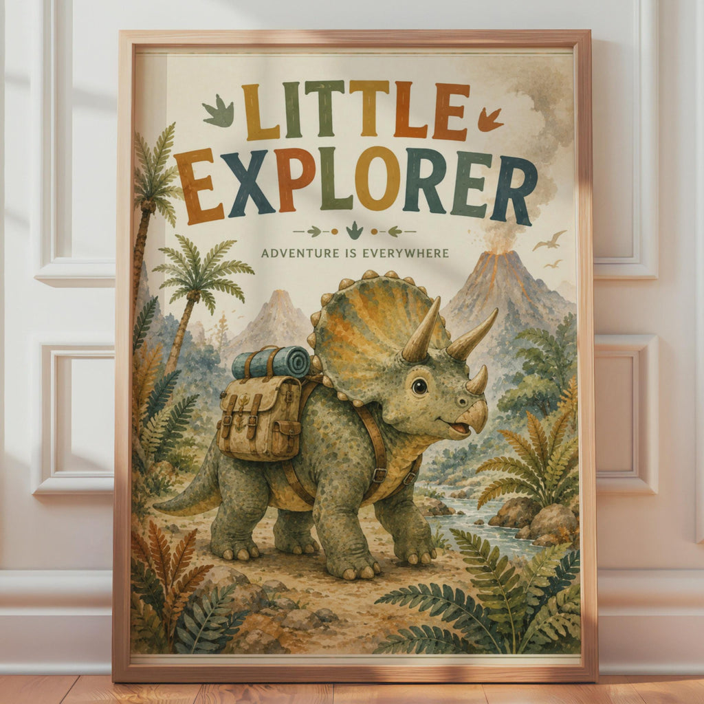 Little Explorer Triceratops Poster, Adventure Nursery Print, Watercolour Jungle Art