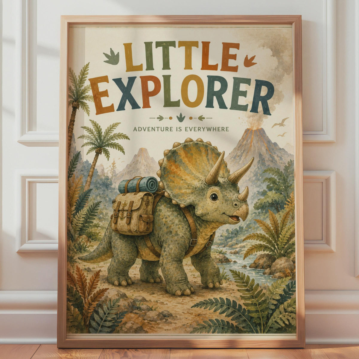 Little Explorer Triceratops Poster, Adventure Nursery Print, Watercolour Jungle Art