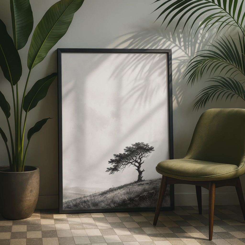 Windswept Tree Print, Minimalist Landscape Poster, Black Grey Nature Art (Ink Watercolour Style)