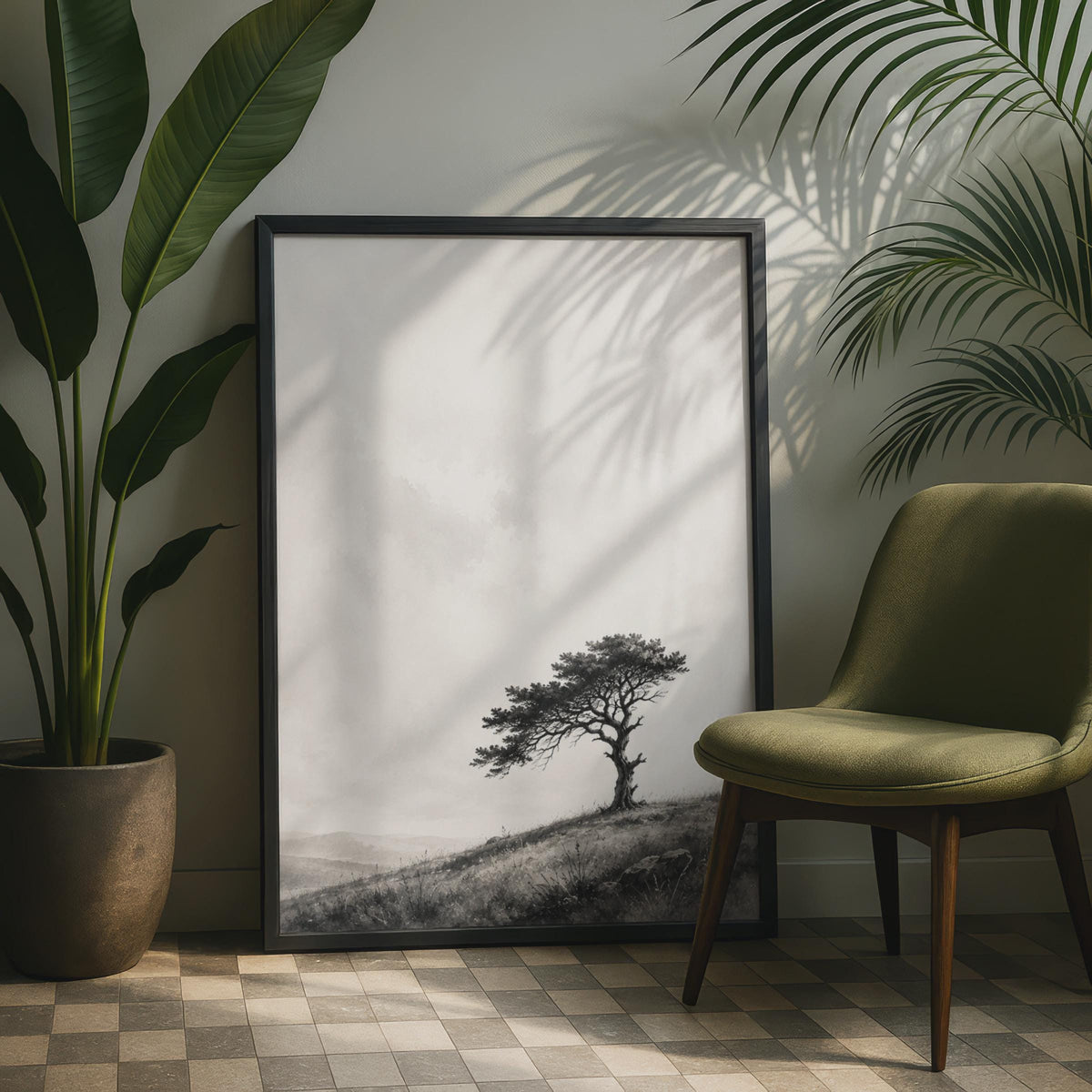 Windswept Tree Print, Minimalist Landscape Poster, Black Grey Nature Art (Ink Watercolour Style)