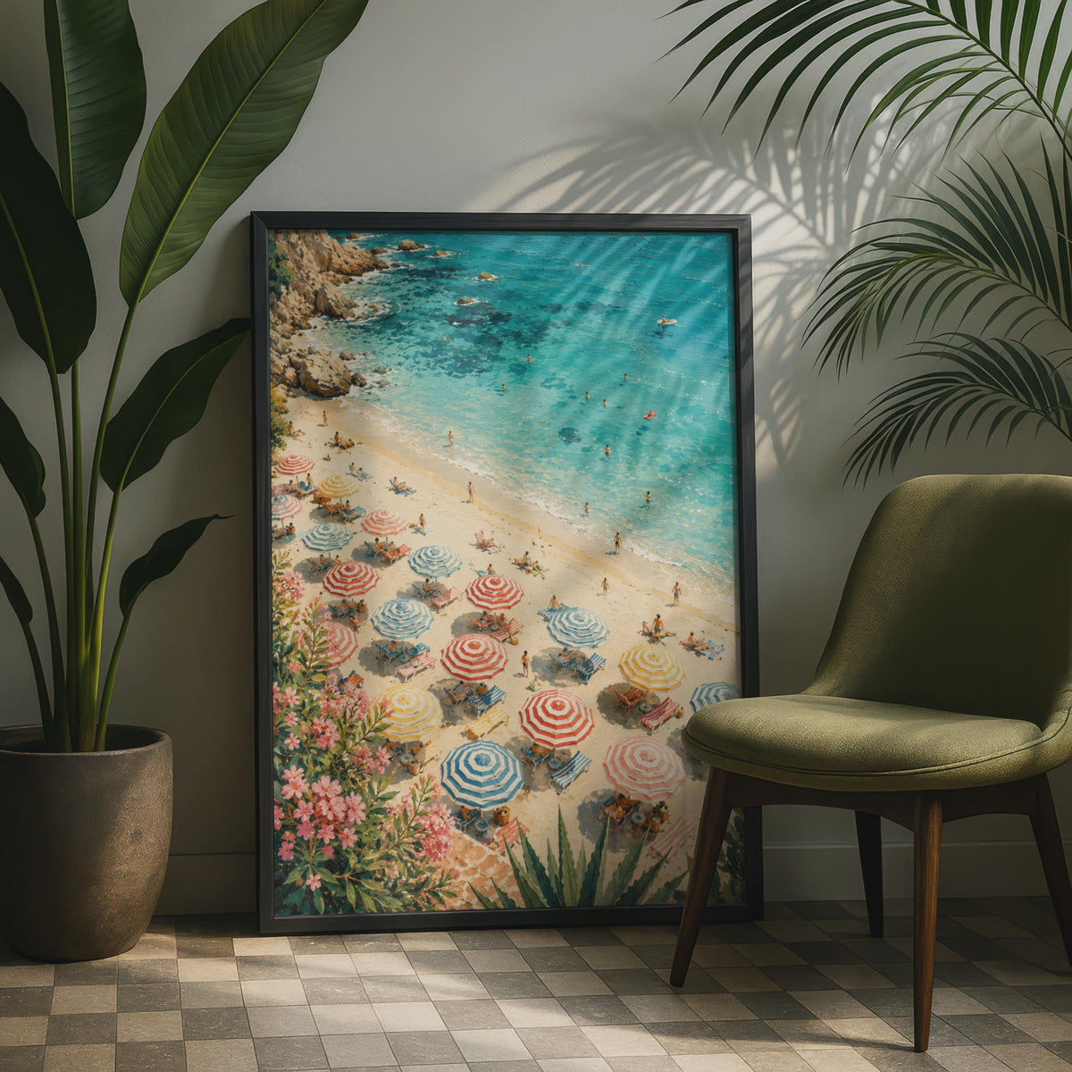 Mediterranean Beach Parasols Print, Aerial Coastal Wall Art, Turquoise Ocean Poster