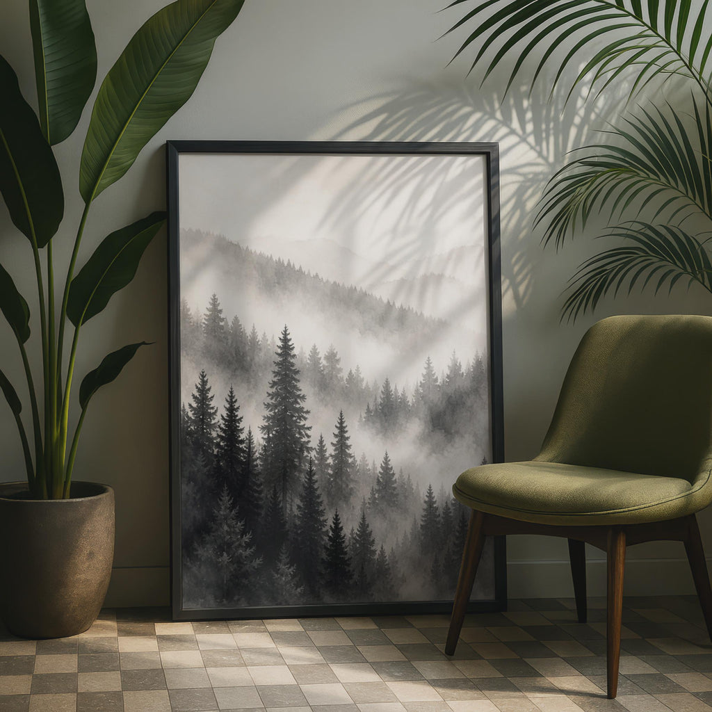 Misty Pine Forest Poster, Monochrome Mountain Wall Art, Watercolor Style Print
