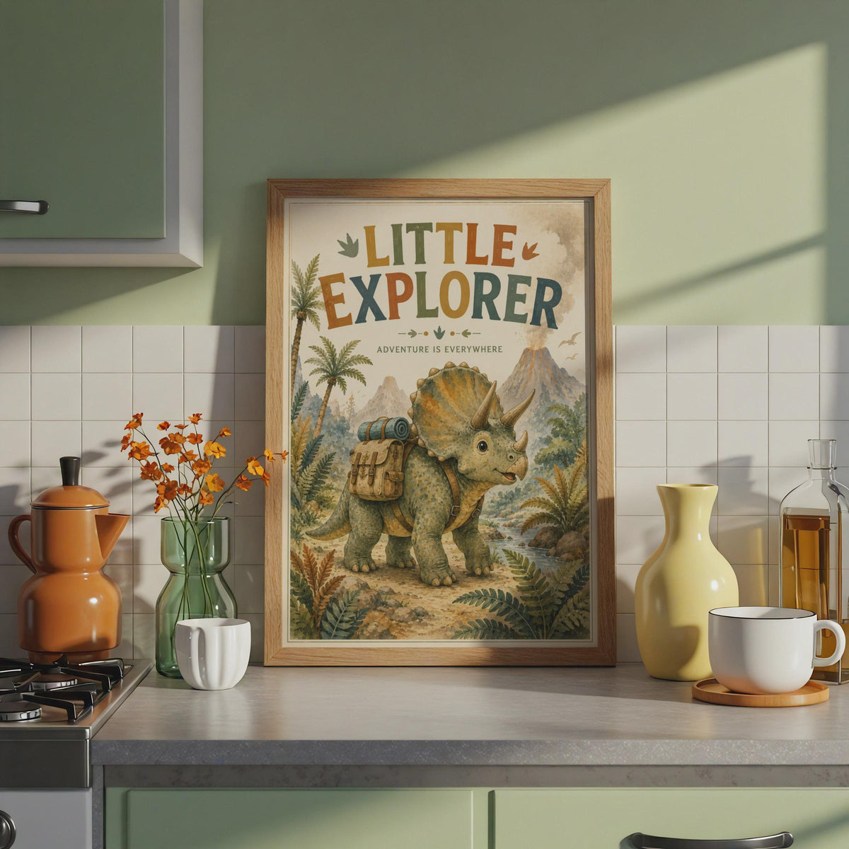 Little Explorer Triceratops Poster, Adventure Nursery Print, Watercolour Jungle Art