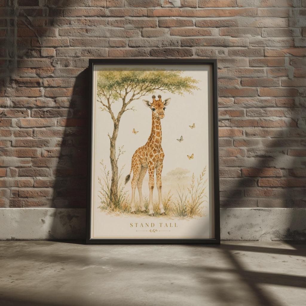 Watercolour Giraffe Nursery Print, Stand Tall Baby Poster, Neutral Boho Kids Decor
