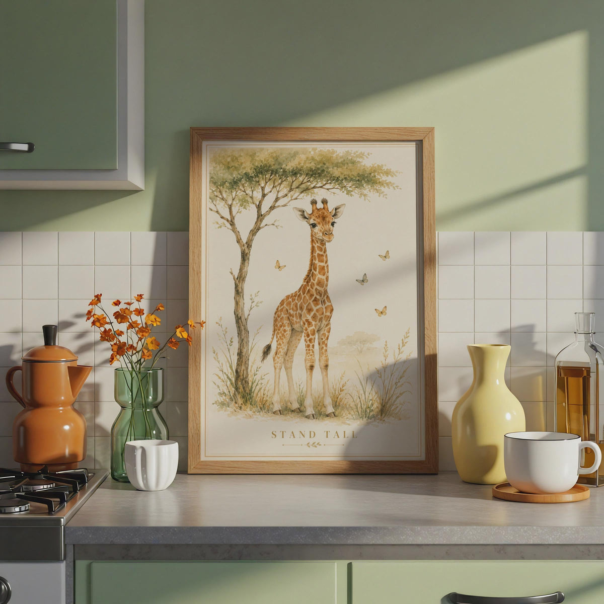Watercolour Giraffe Nursery Print, Stand Tall Baby Poster, Neutral Boho Kids Decor