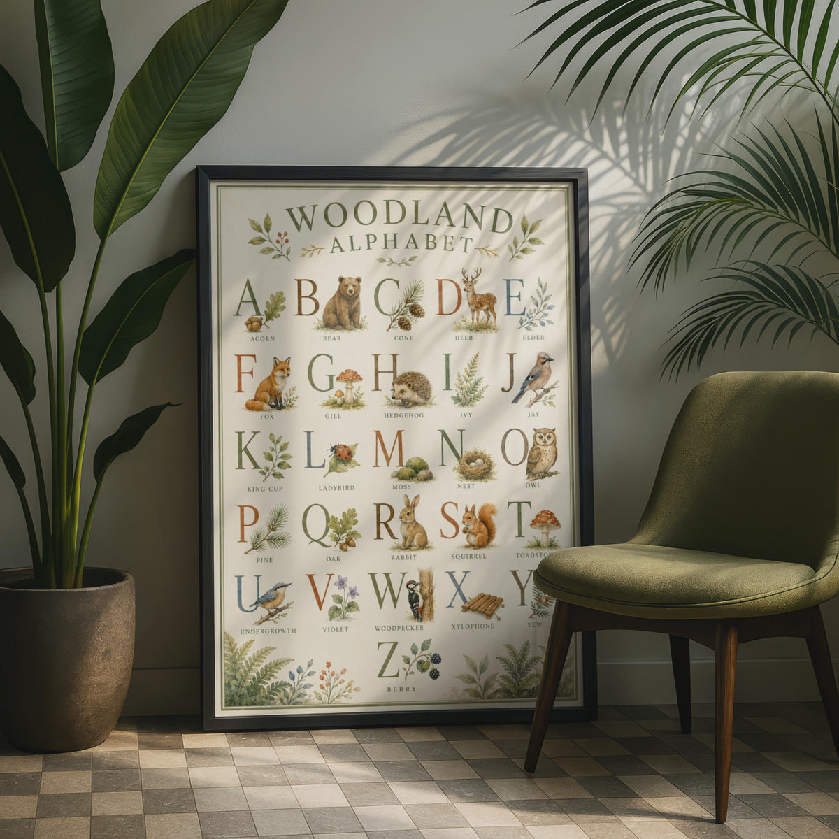 Woodland Alphabet Poster, Forest Animals ABC Print, Watercolour Nature Chart (A4)
