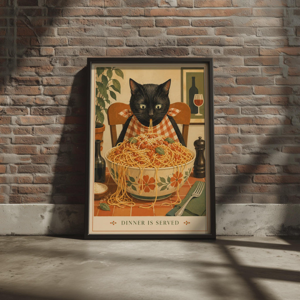 Black Cat Spaghetti Dinner Is Served Poster, Retro Kitchen Wall Art Print