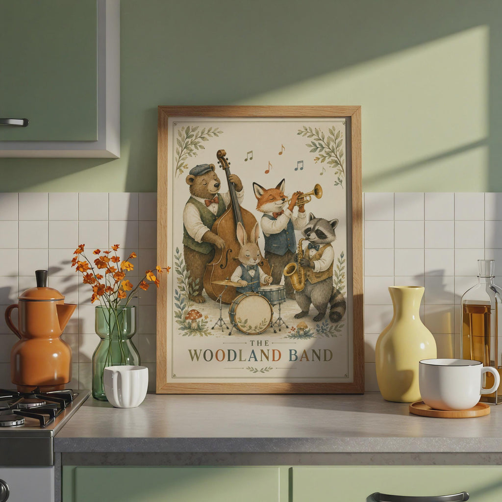Woodland Band Poster, Forest Animals Jazz Print, Nursery Wall Art