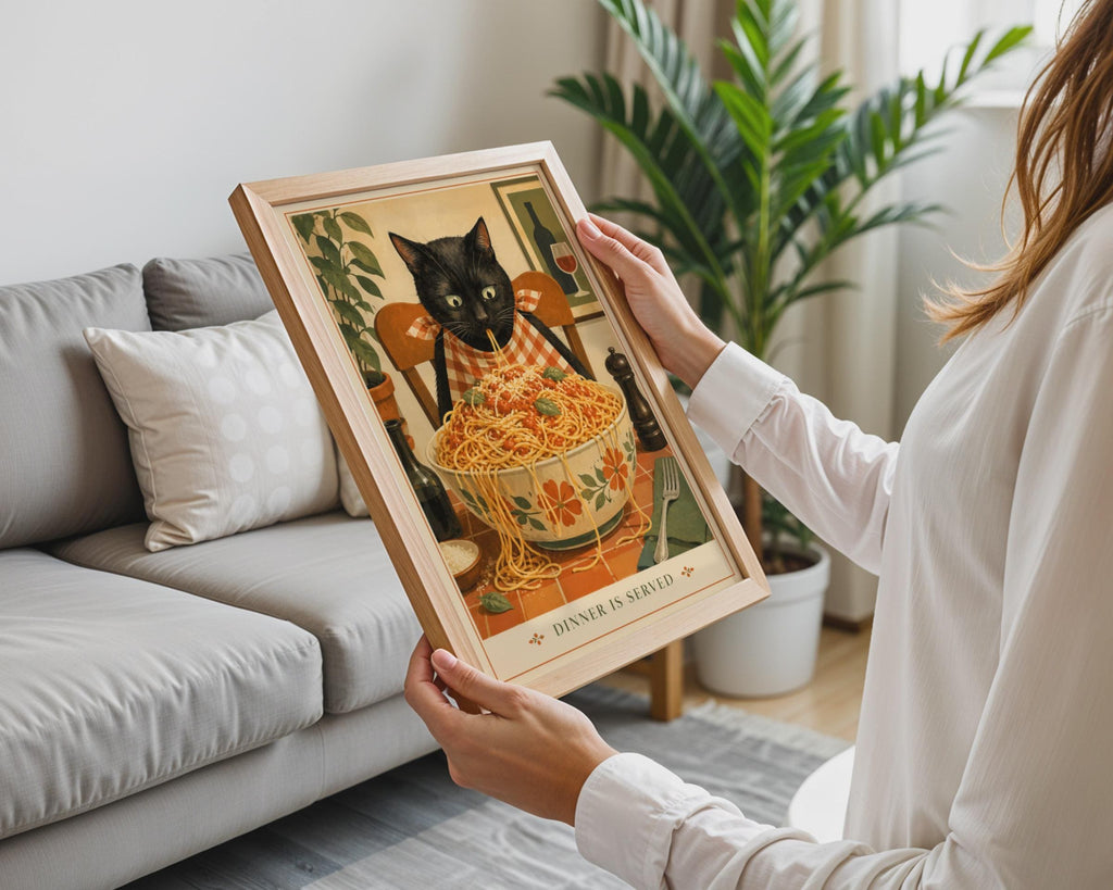 Black Cat Spaghetti Dinner Is Served Poster, Retro Kitchen Wall Art Print