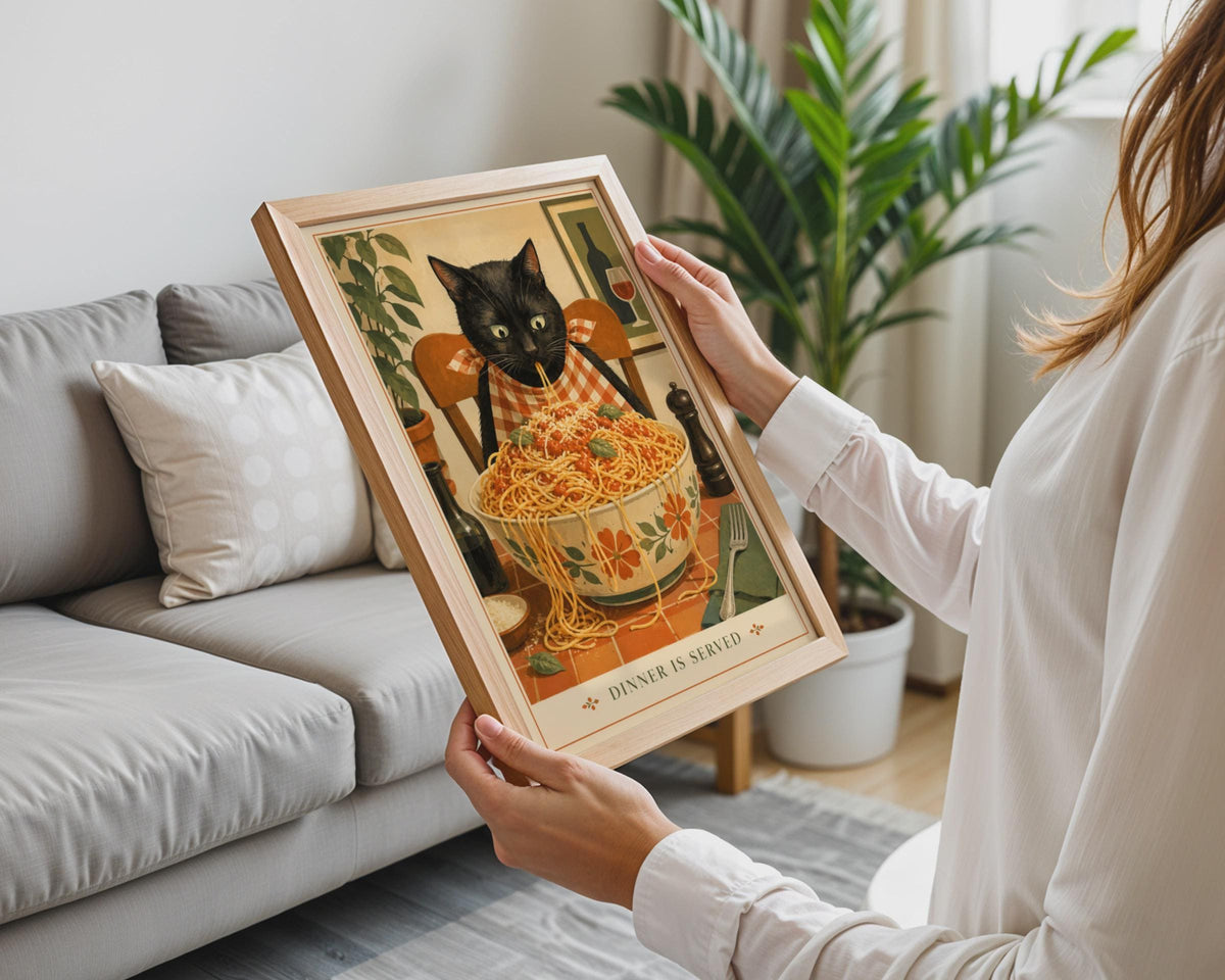 Black Cat Spaghetti Dinner Is Served Poster, Retro Kitchen Wall Art Print