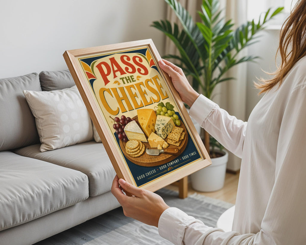 Pass The Cheese Poster, Retro Cheeseboard Wall Art, Food Lover Gift (Print)