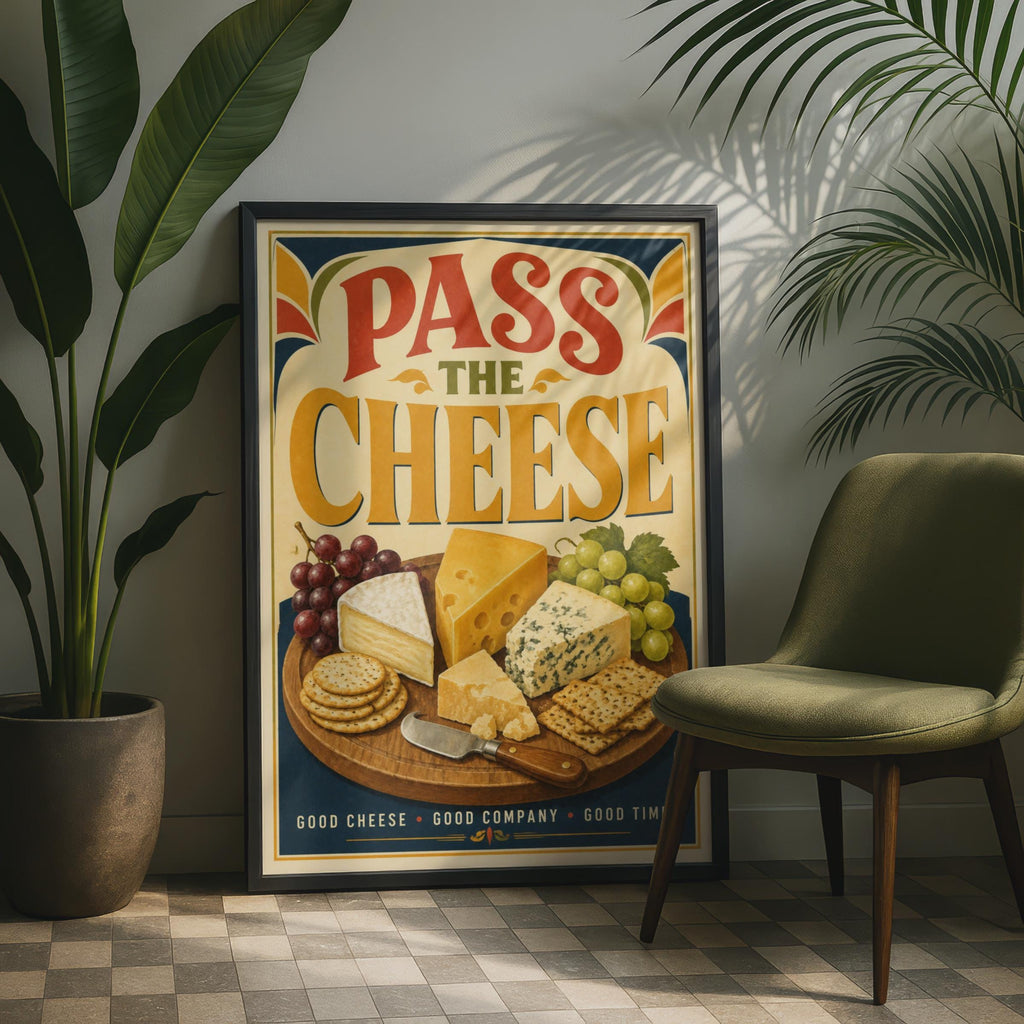 Pass The Cheese Poster, Retro Cheeseboard Wall Art, Food Lover Gift (Print)