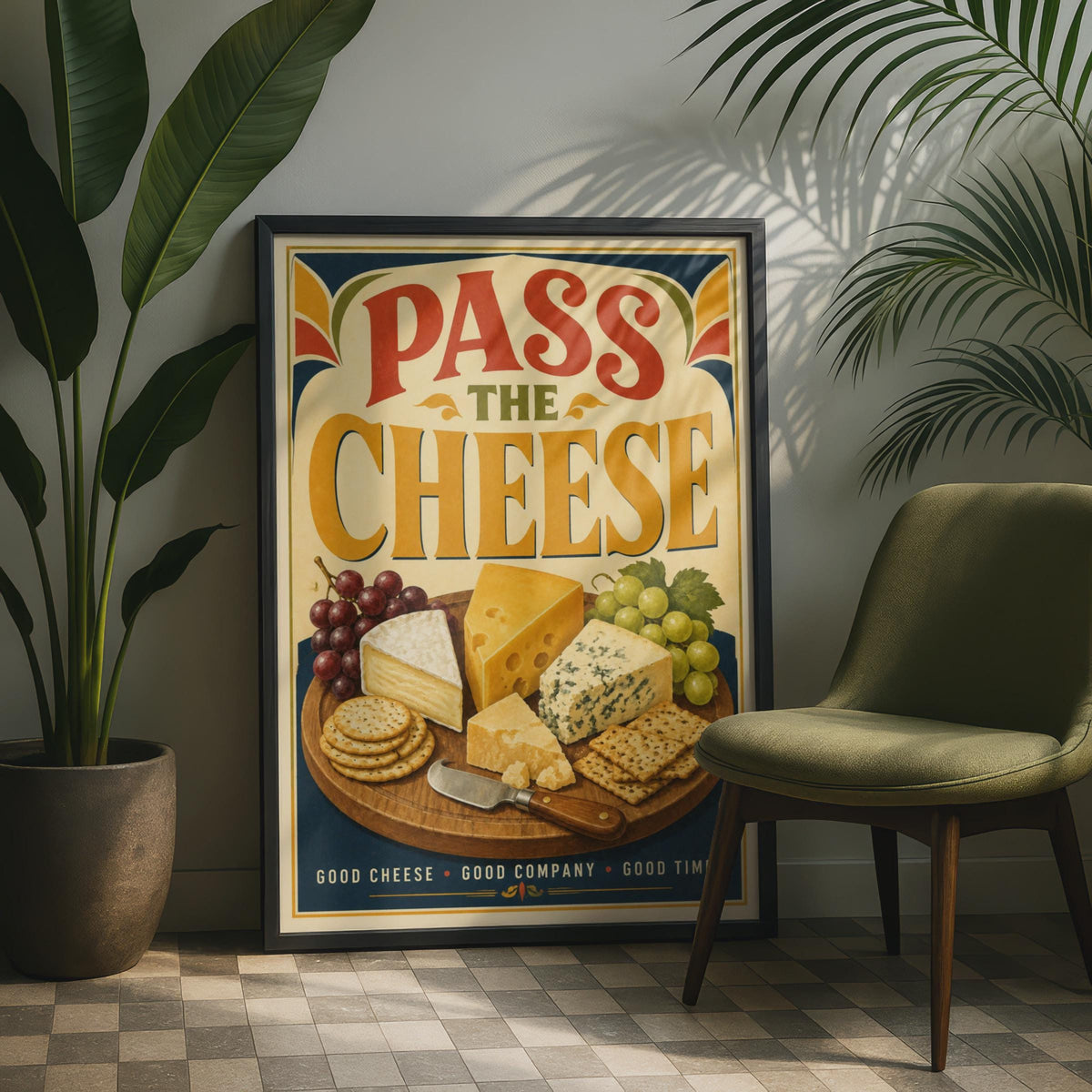 Pass The Cheese Poster, Retro Cheeseboard Wall Art, Food Lover Gift (Print)