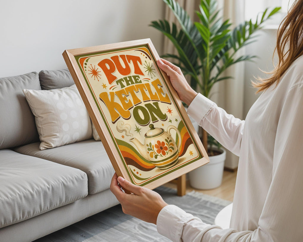 Retro 70s Tea Poster, British Typography, Floral Teapot, Groovy Kitchen Wall Art