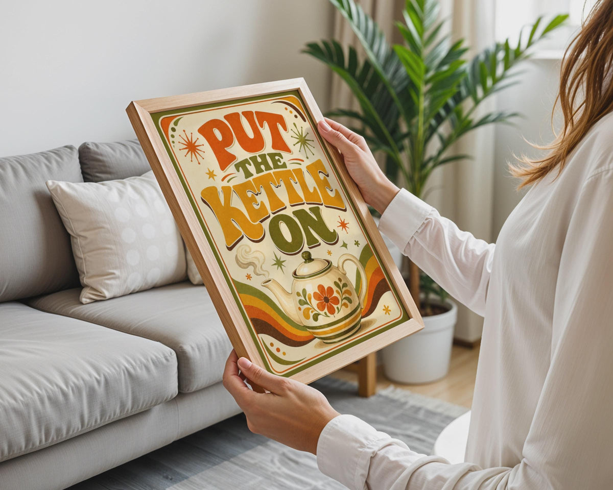 Retro 70s Tea Poster, British Typography, Floral Teapot, Groovy Kitchen Wall Art