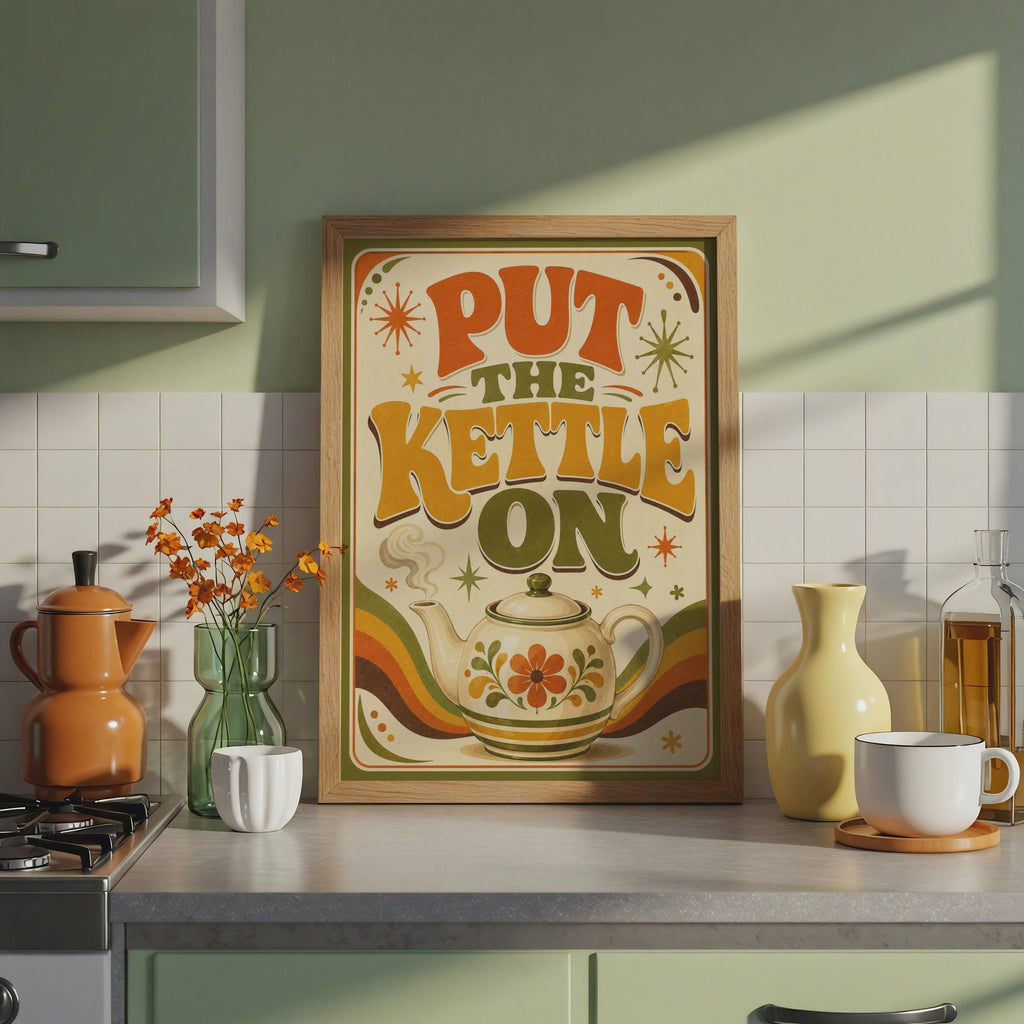 Retro 70s Tea Poster, British Typography, Floral Teapot, Groovy Kitchen Wall Art