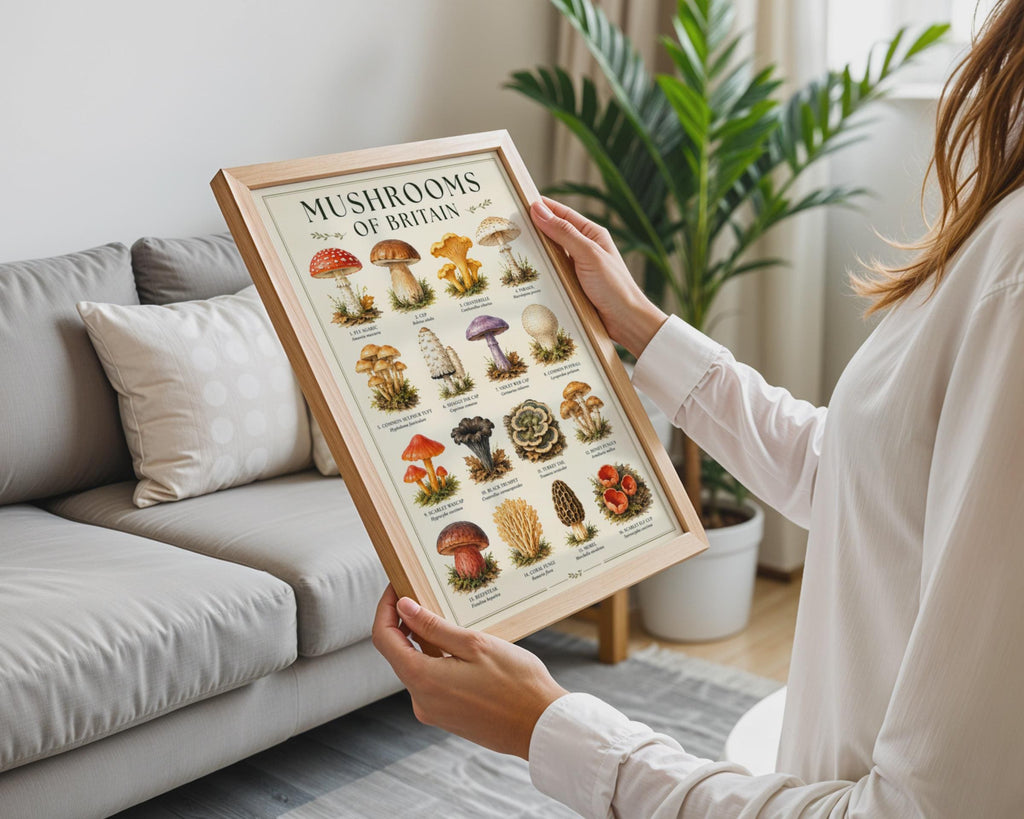 Mushrooms of Britain Watercolour Poster, Botanical Fungi Wall Art Print
