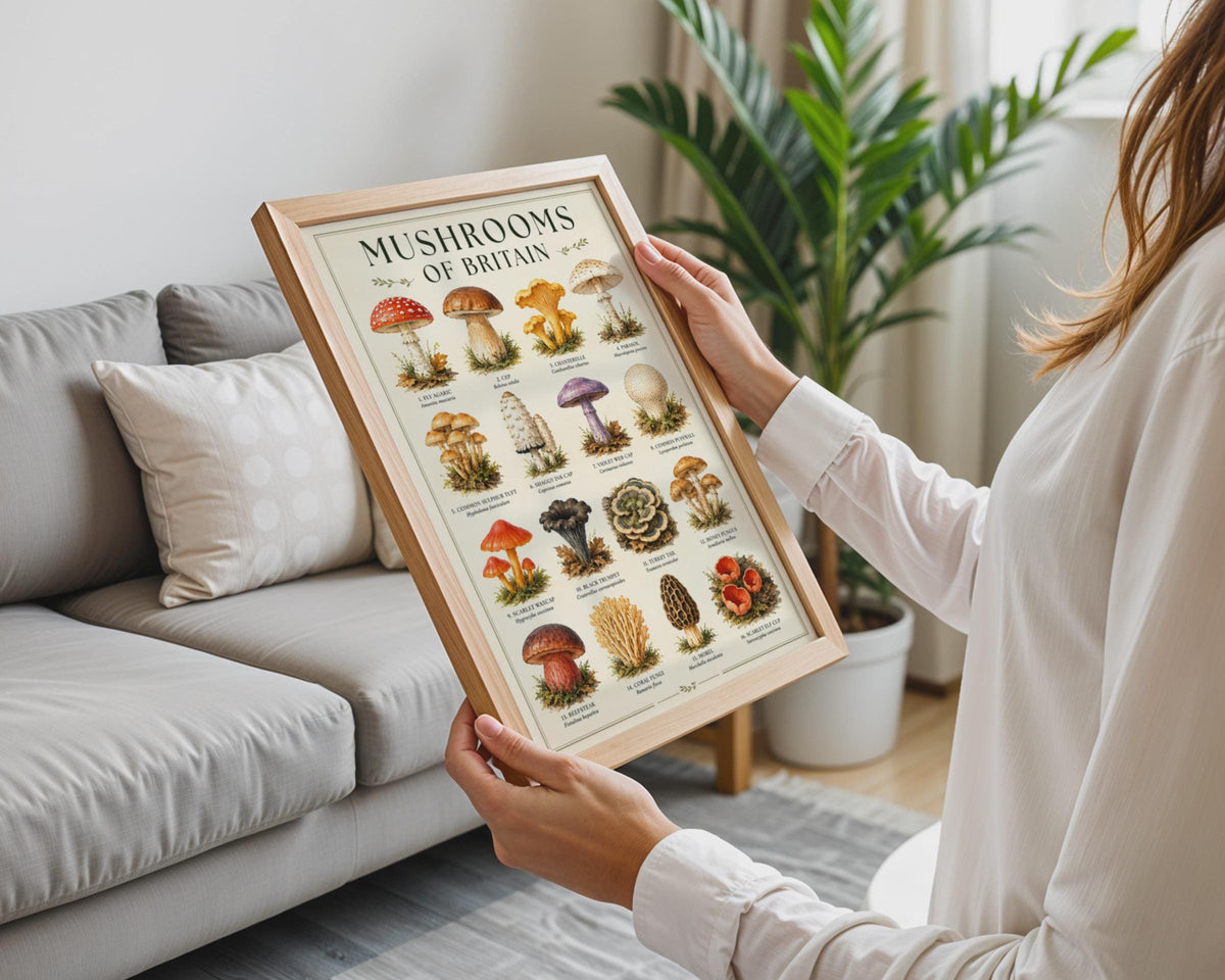 Mushrooms of Britain Watercolour Poster, Botanical Fungi Wall Art Print