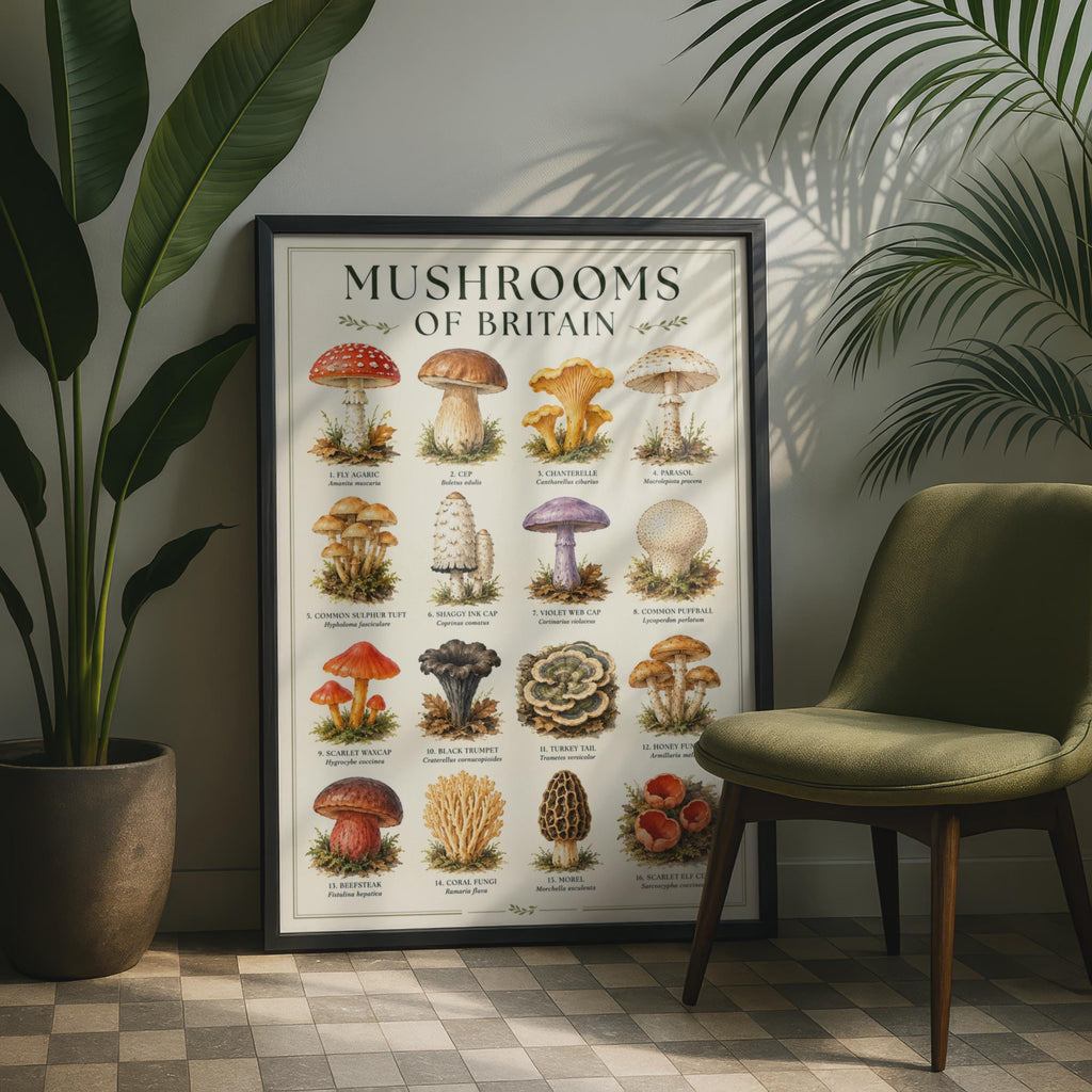 Mushrooms of Britain Watercolour Poster, Botanical Fungi Wall Art Print