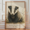 British Badger Cub Watercolour Print, Vintage Nursery Wall Art (A4)