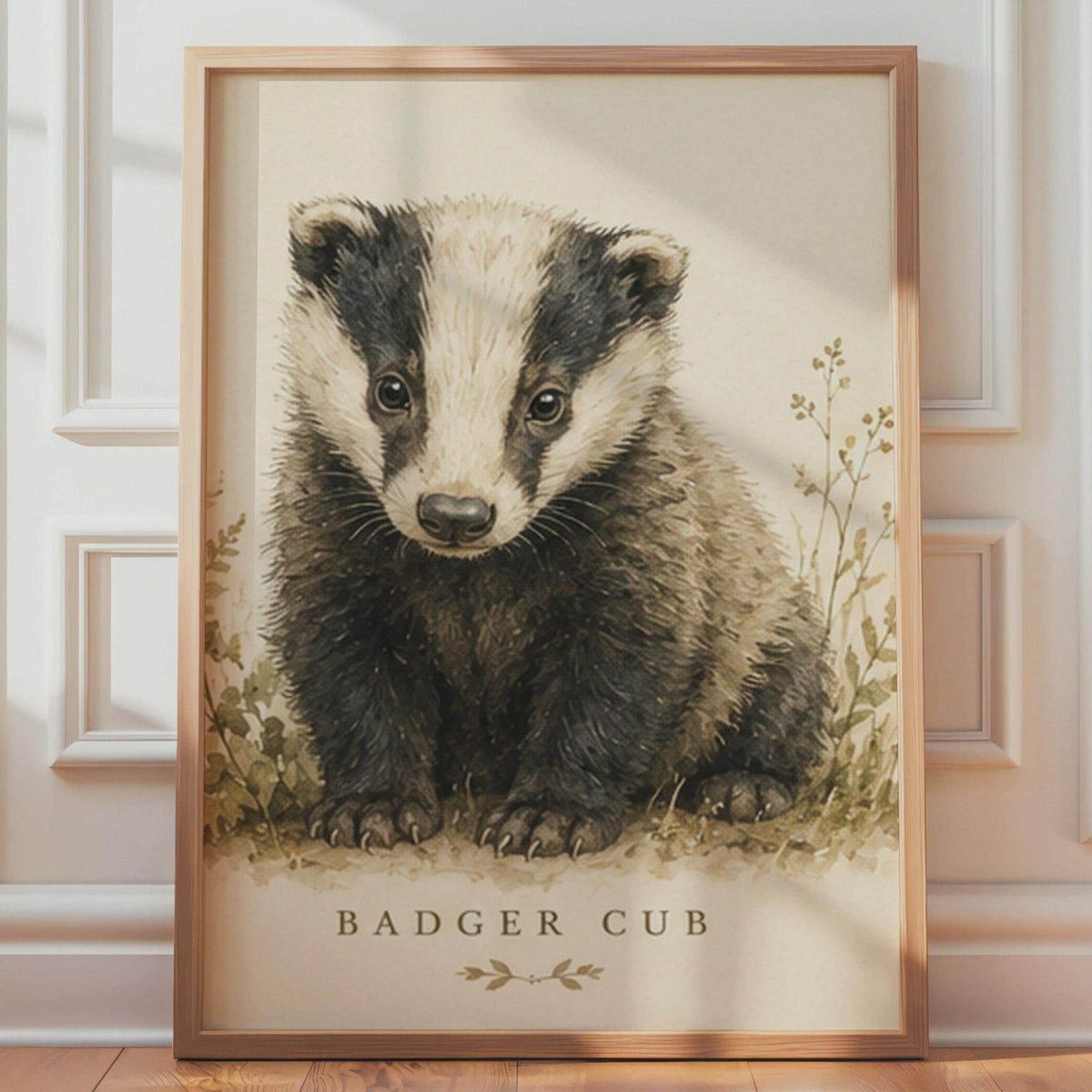 British Badger Cub Watercolour Print, Vintage Nursery Wall Art (A4)