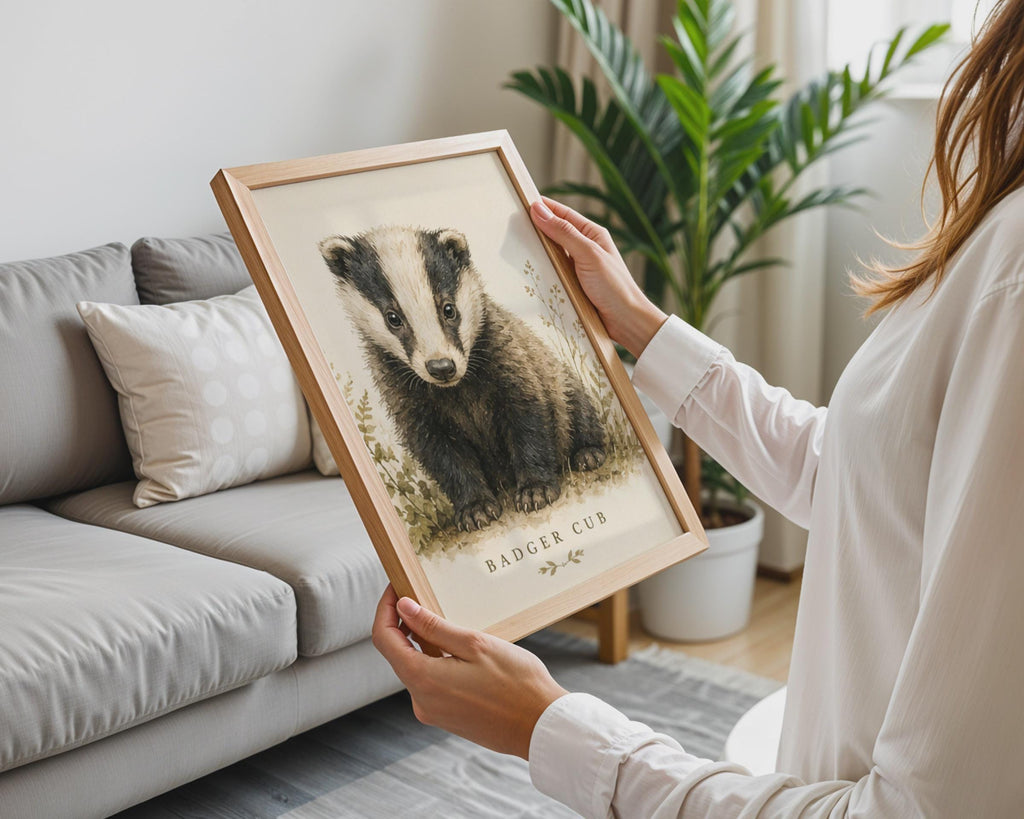 British Badger Cub Watercolour Print, Vintage Nursery Wall Art (A4)