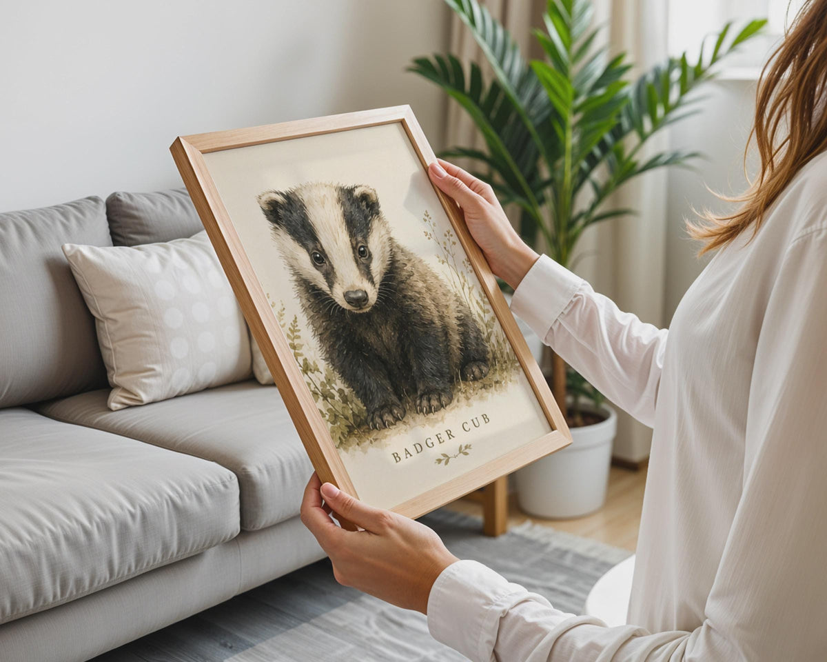 British Badger Cub Watercolour Print, Vintage Nursery Wall Art (A4)