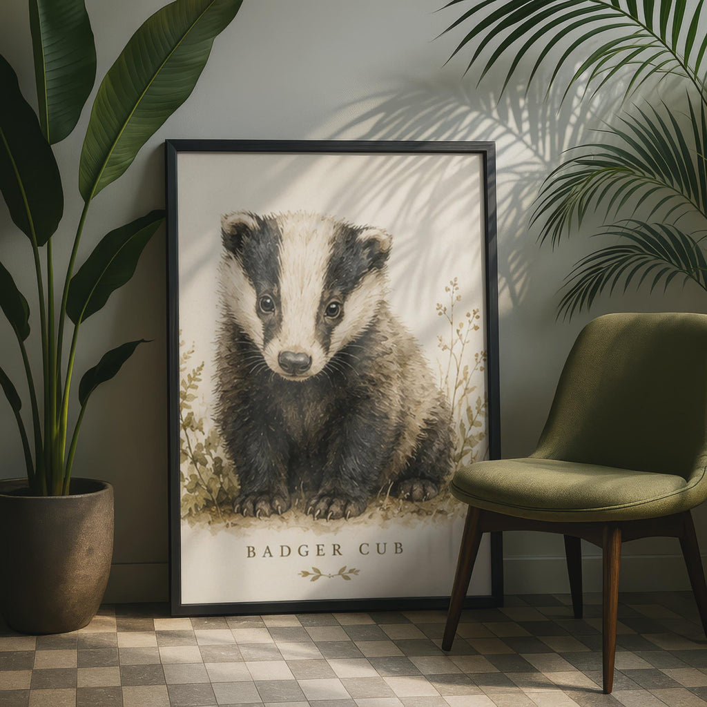 British Badger Cub Watercolour Print, Vintage Nursery Wall Art (A4)