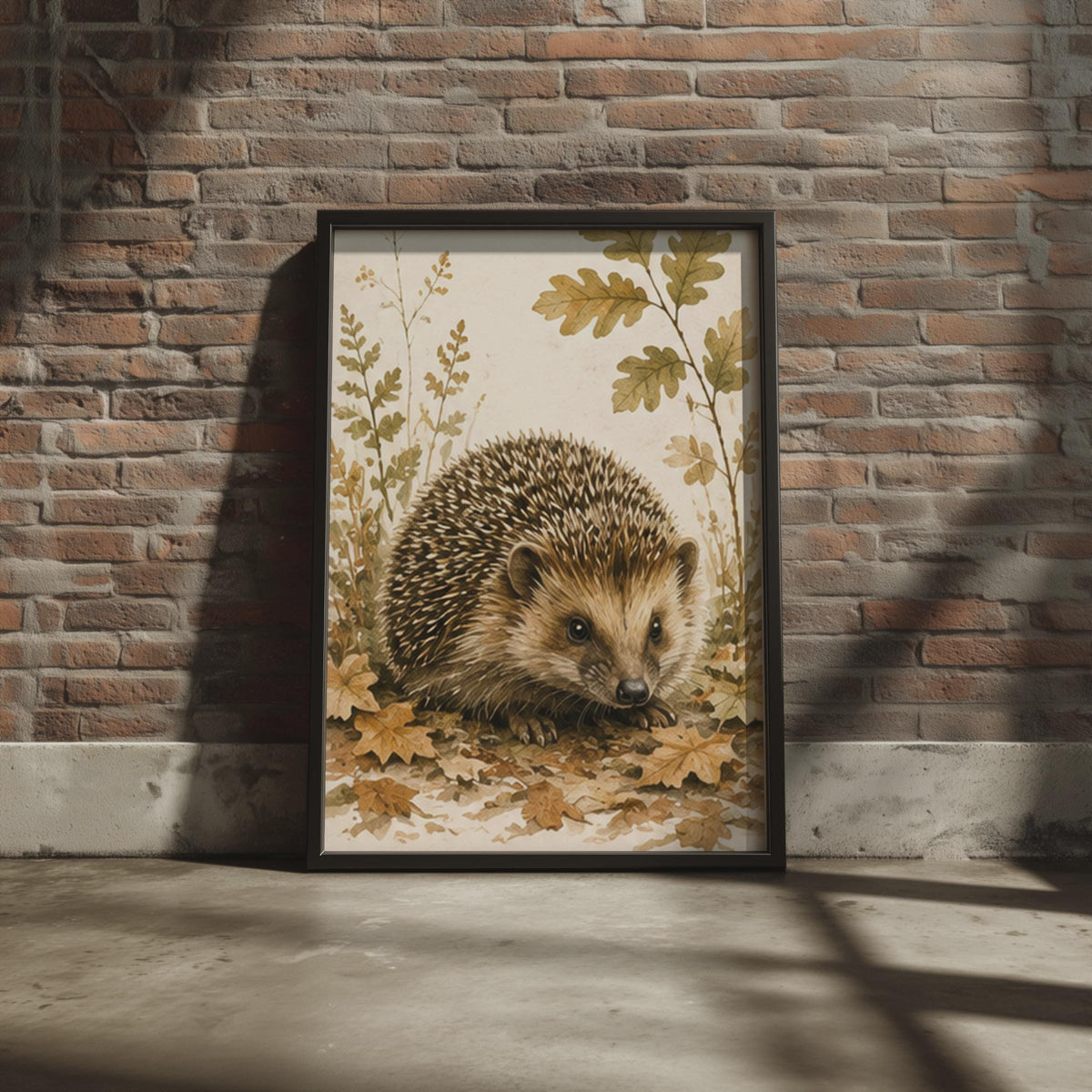 British Hedgehog Watercolour Print, Autumn Leaves, Woodland Wildlife Art (Poster)