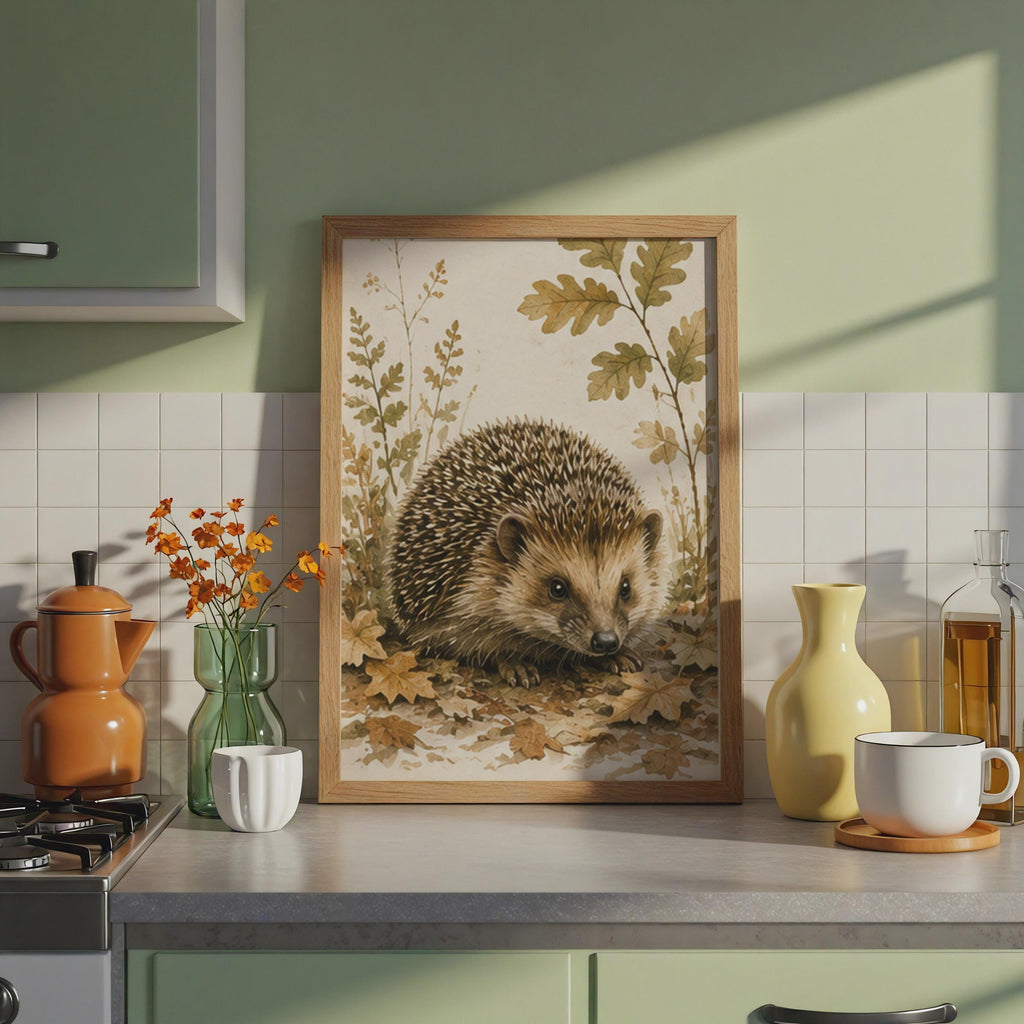 British Hedgehog Watercolour Print, Autumn Leaves, Woodland Wildlife Art (Poster)