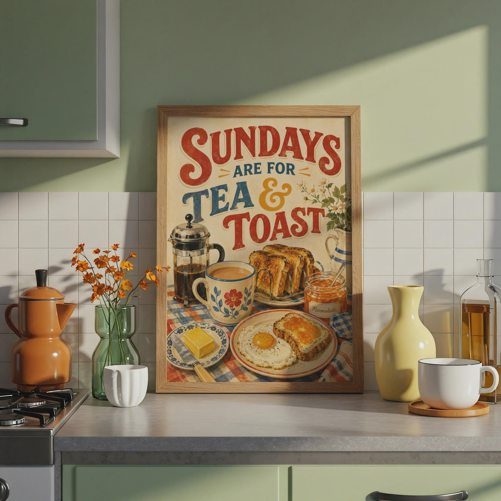 Retro British Breakfast Poster, Tea & Toast, Vintage Kitchen Wall Art (Printed)