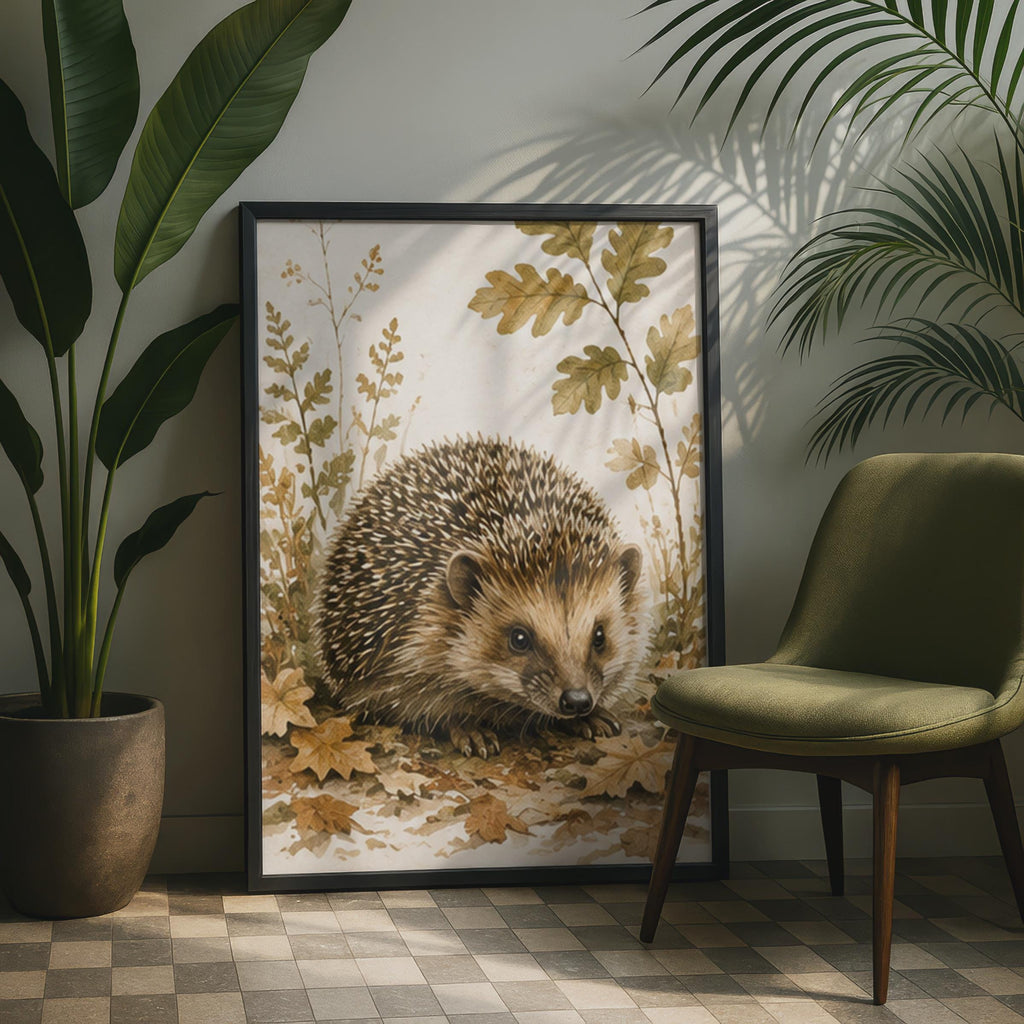 British Hedgehog Watercolour Print, Autumn Leaves, Woodland Wildlife Art (Poster)