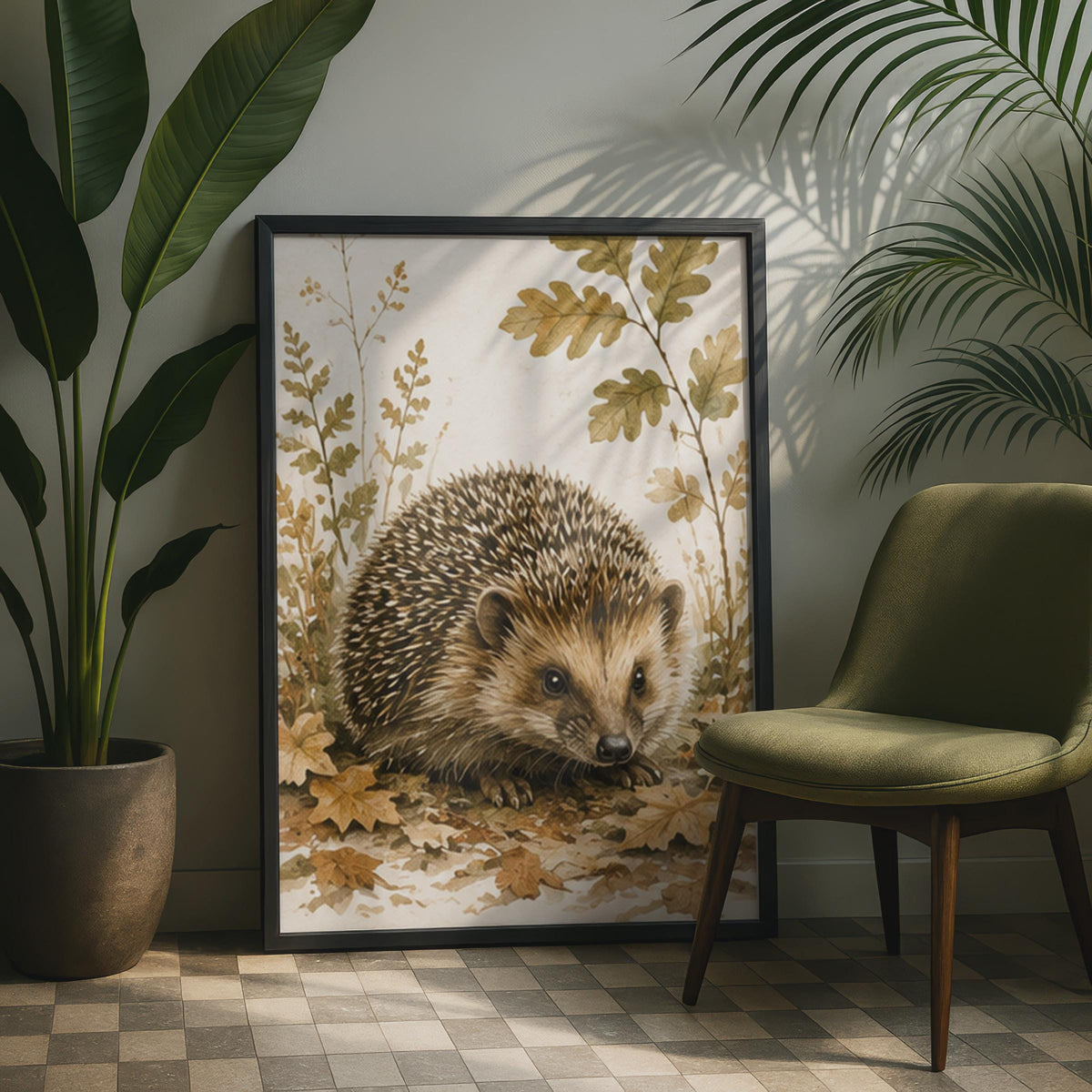 British Hedgehog Watercolour Print, Autumn Leaves, Woodland Wildlife Art (Poster)