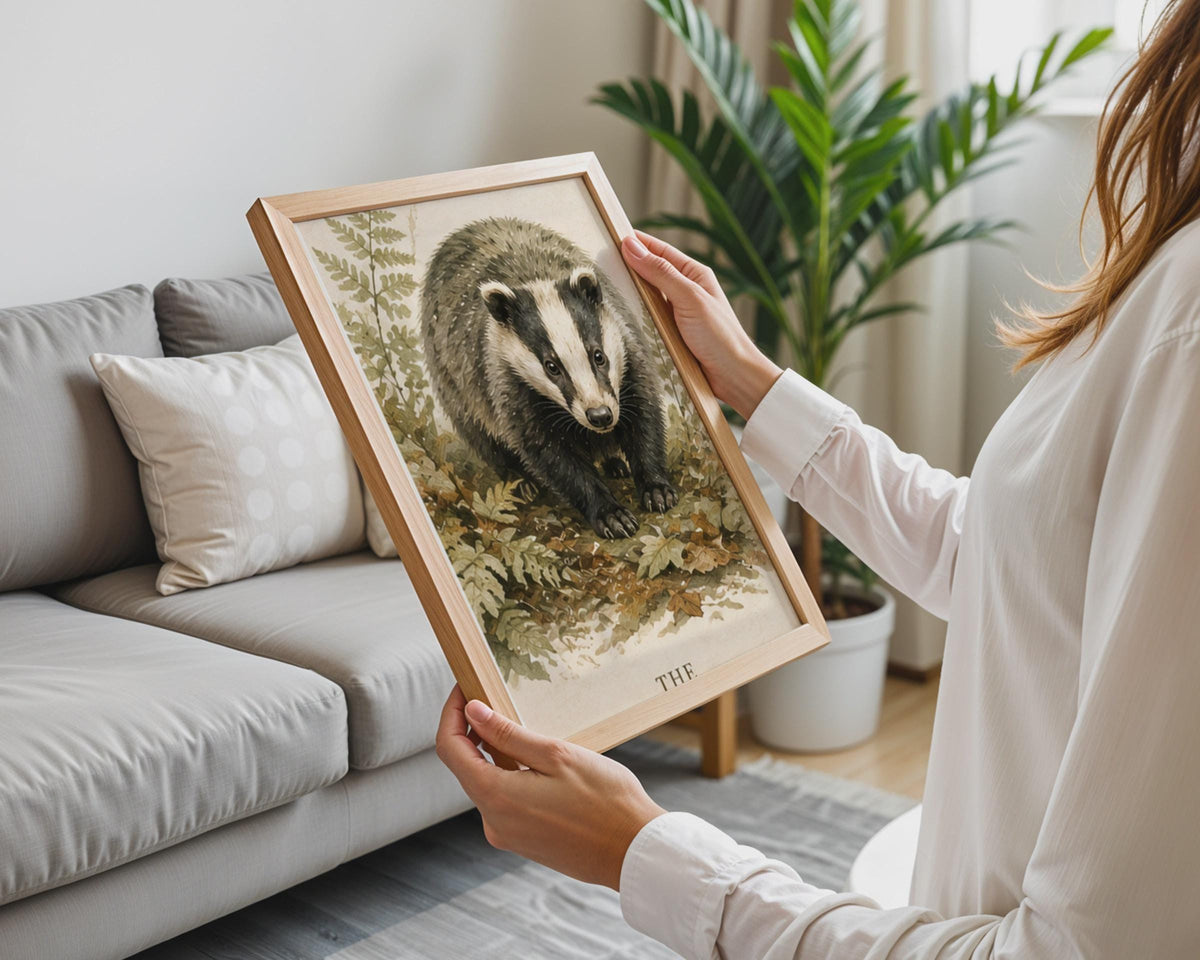 British Badger Watercolour Poster, Woodland Wildlife Art, Countryside Illustration (A4)