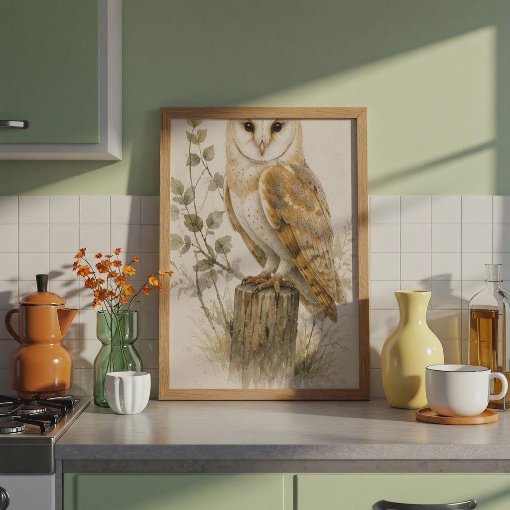 Barn Owl Watercolour Print, British Wildlife, Neutral Tones (A4)