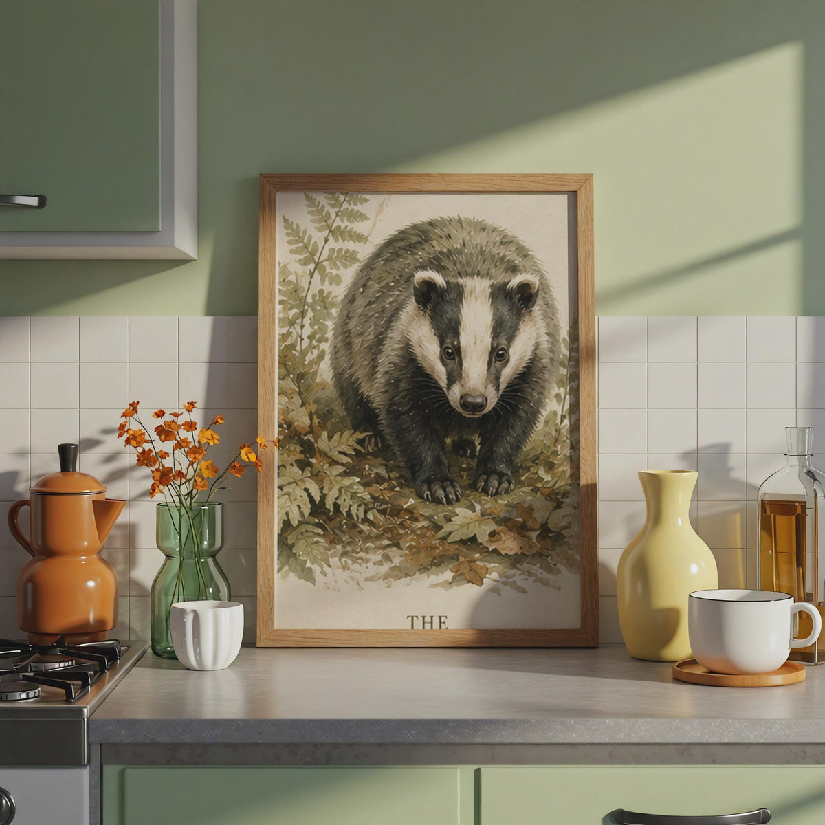 British Badger Watercolour Poster, Woodland Wildlife Art, Countryside Illustration (A4)