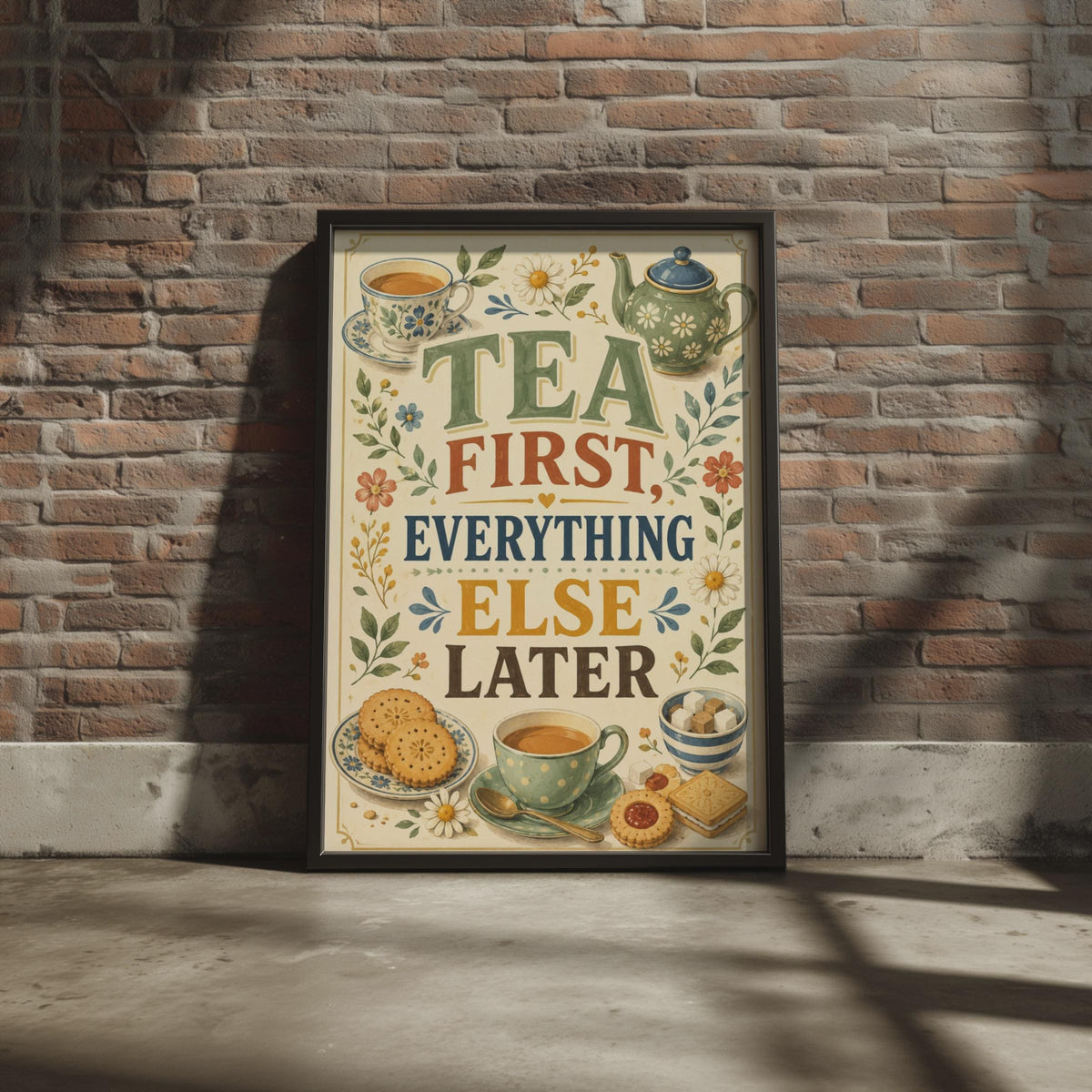 Tea First Everything Else Later Poster, Floral Kitchen Wall Art, British Humour Gift