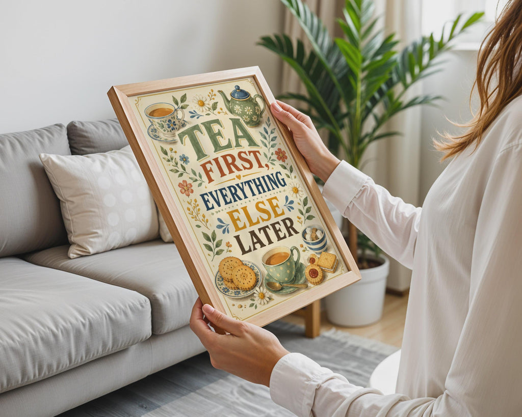 Tea First Everything Else Later Poster, Floral Kitchen Wall Art, British Humour Gift