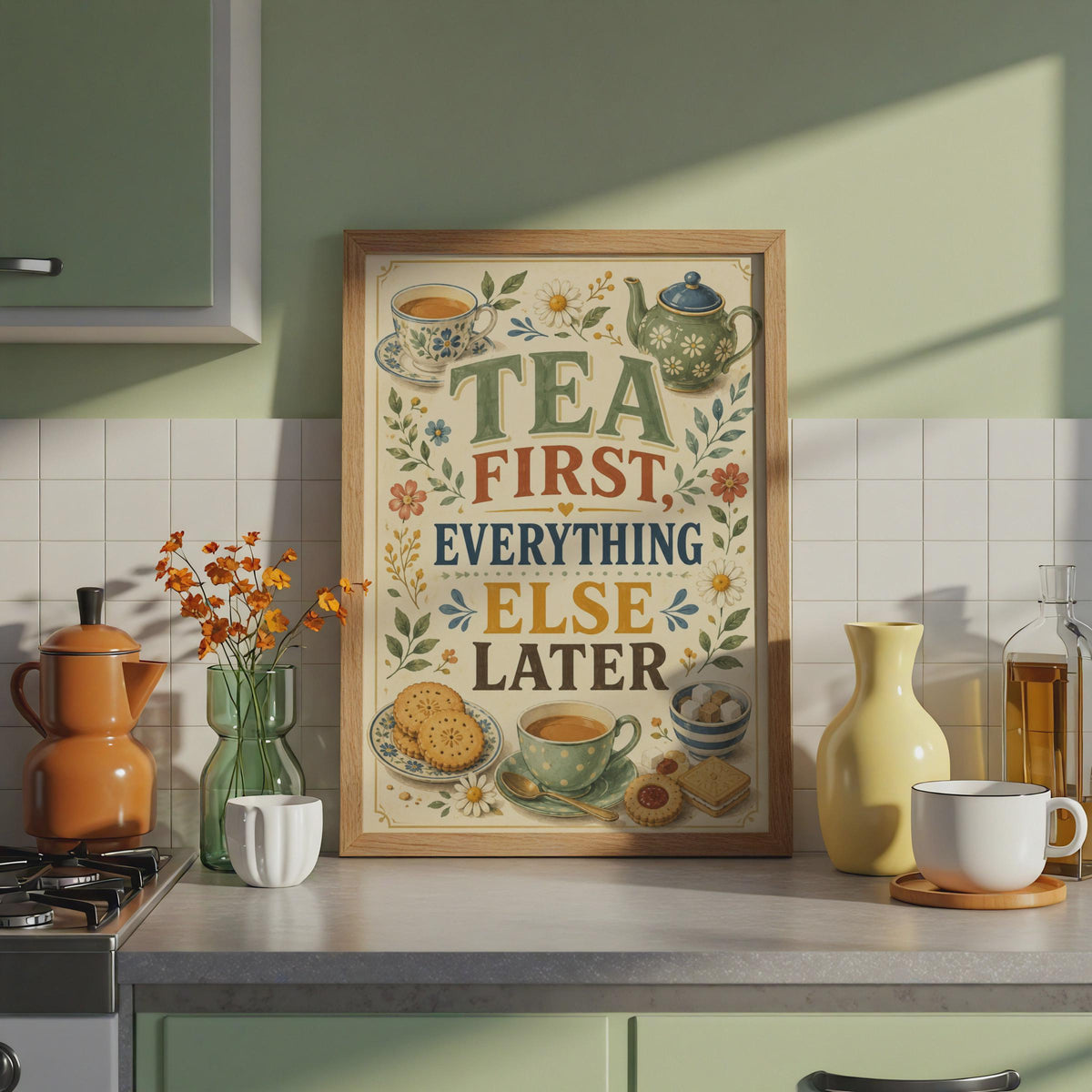 Tea First Everything Else Later Poster, Floral Kitchen Wall Art, British Humour Gift