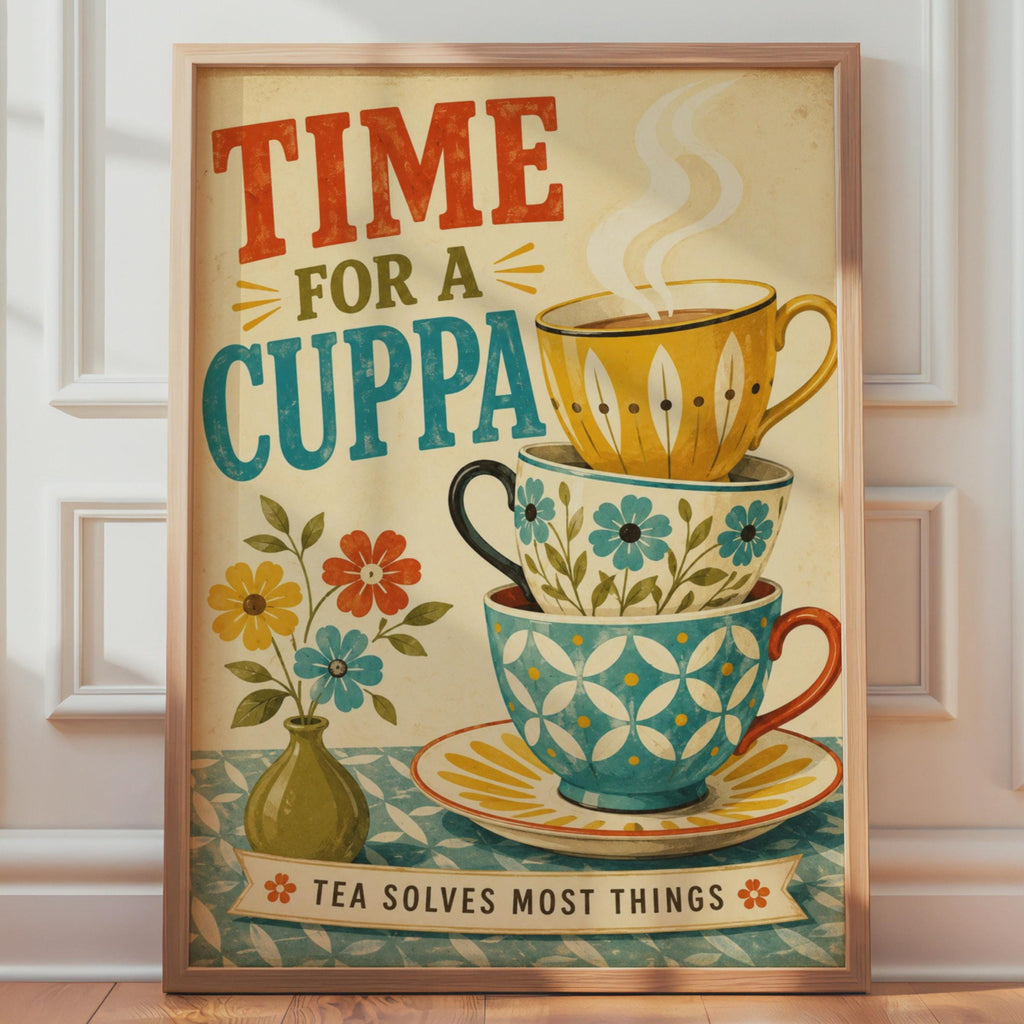Retro British Tea Poster, Vintage Floral Cuppa Print, Mid-Century Kitchen Wall Art
