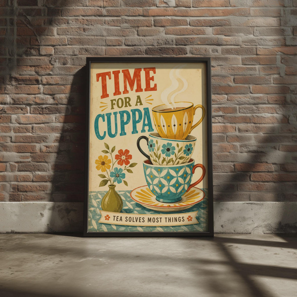 Retro British Tea Poster, Vintage Floral Cuppa Print, Mid-Century Kitchen Wall Art
