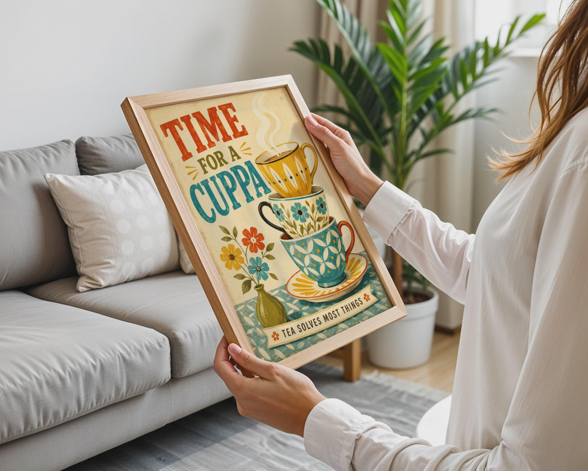 Retro British Tea Poster, Vintage Floral Cuppa Print, Mid-Century Kitchen Wall Art
