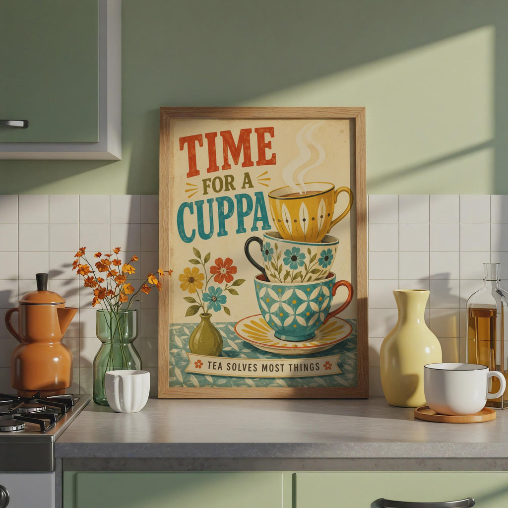 Retro British Tea Poster, Vintage Floral Cuppa Print, Mid-Century Kitchen Wall Art