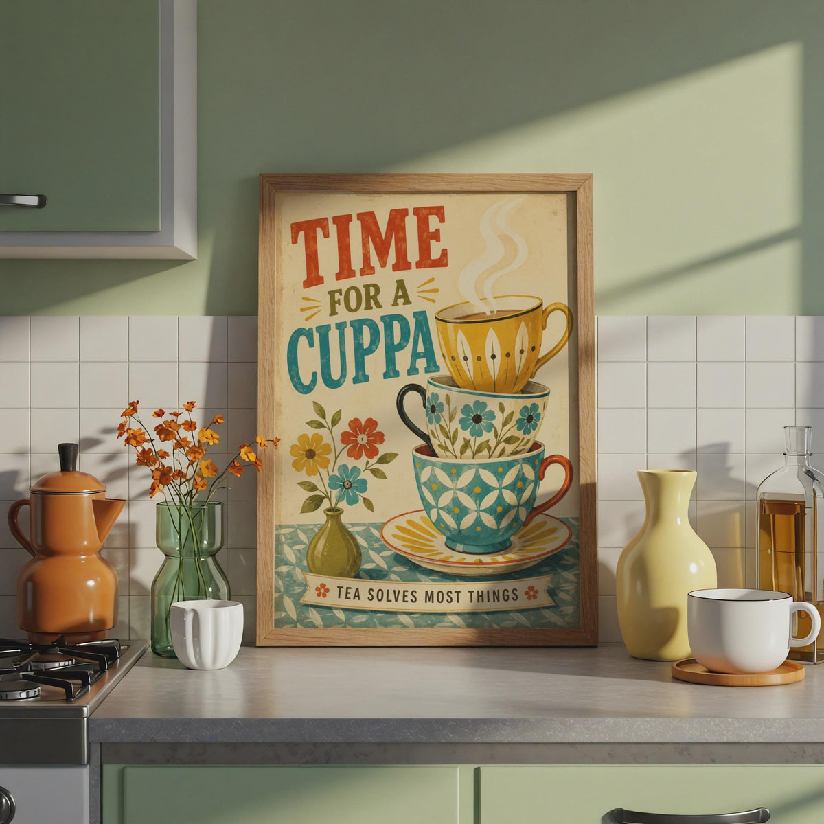 Retro British Tea Poster, Vintage Floral Cuppa Print, Mid-Century Kitchen Wall Art