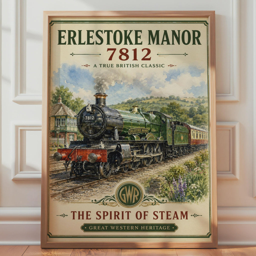 Erlestoke Manor 7812 GWR Steam Train Poster, Vintage Railway Wall Art Print