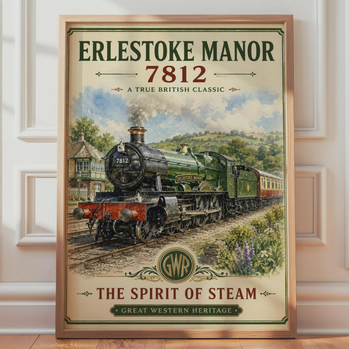 Erlestoke Manor 7812 GWR Steam Train Poster, Vintage Railway Wall Art Print