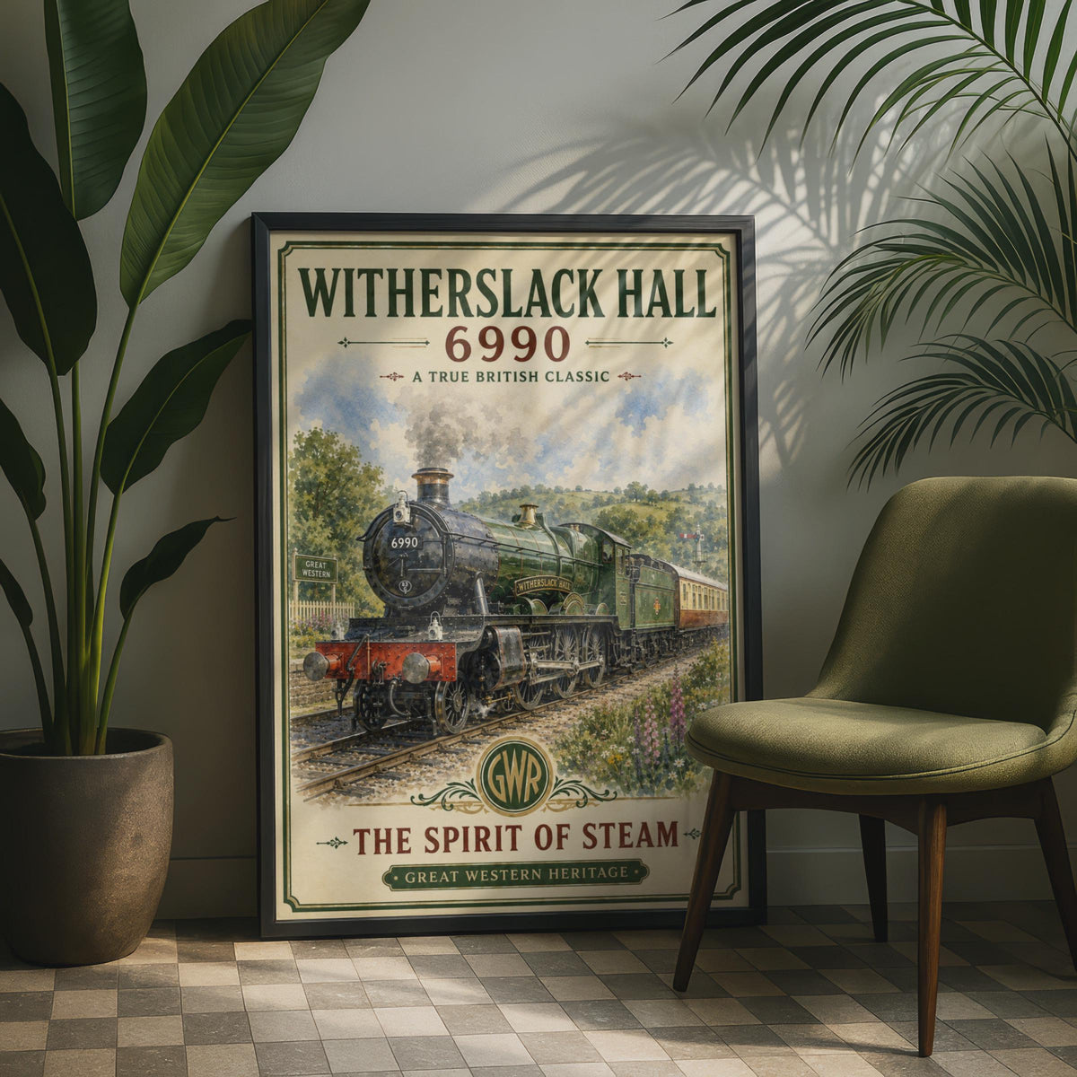 Witherslack Hall 6990 GWR Steam Train Poster, Watercolour Illustration (Print)