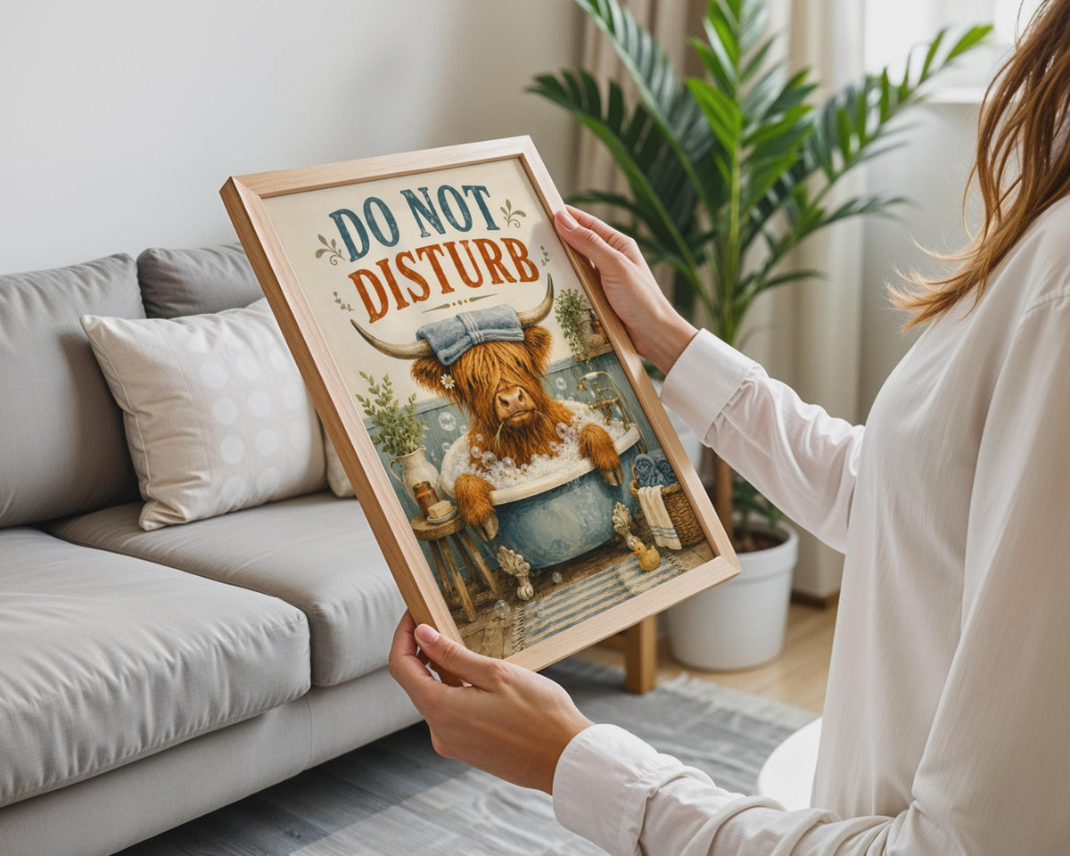 Do Not Disturb Highland Cow Bathroom Poster, Rustic Farmhouse Wall Art (Printed to Order)