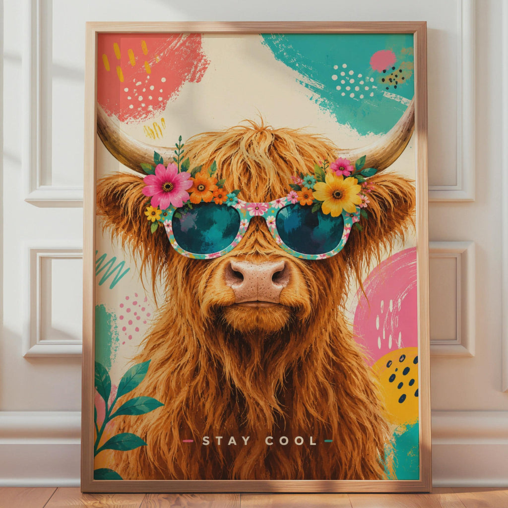 Highland Cow Sunglasses Poster, Floral Crown, Pop Art Wall Art (A4)